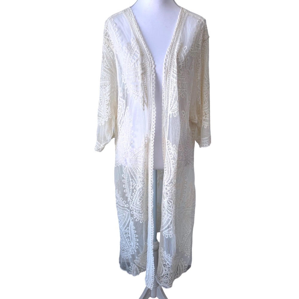 Lace Cream Robe Embroidered Sheer Cardigan Boho Festival Coverup Medium